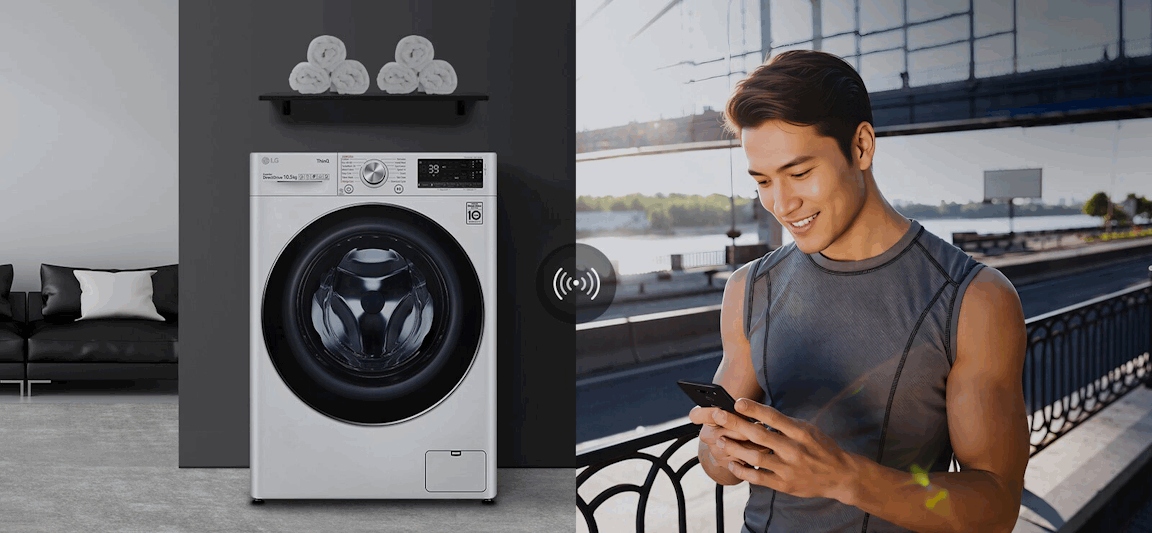 Máy giặt cửa trước LG màu bạc kết nối thông minh với điện thoại di động